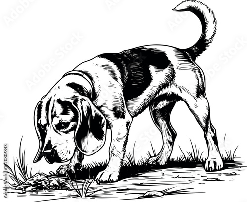 Engraved beagle sniffing ground with long ears hanging and curved back, line-dense shading, vector-friendly, isolated on white