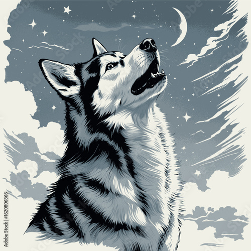 Detailed vintage engraving of a husky howling to the sky, fur strokes and thick tail shown in linework, vector-friendly, isolated on white
