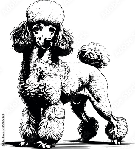 Engraving of poodle standing proudly in show cut, detailed curls with dense cross-hatching, vector-friendly, isolated on white