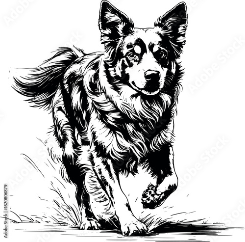 Fine engraved portrait of australian shepherd in herding motion, soft coat rendered in curved hatching, vector-friendly, isolated on white