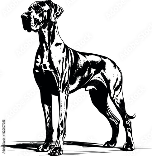 Great dane in regal pose with long limbs and deep shadows in coat folds, traditional engraving lines, vector-friendly, isolated on white