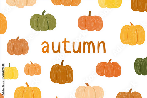 Illustrated fall lettering with pumpkins. Autumn background with the inscription “fall”. Change of season, beginning of fall, fall sales.