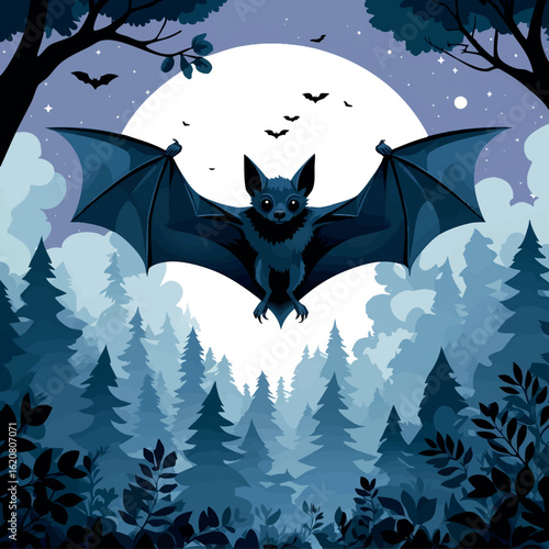 Isometric vector bat flying above forest at night, wings spread wide, vector-friendly, isolated on white