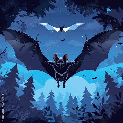 Isometric vector bat flying above forest at night, wings spread wide, vector-friendly, isolated on white