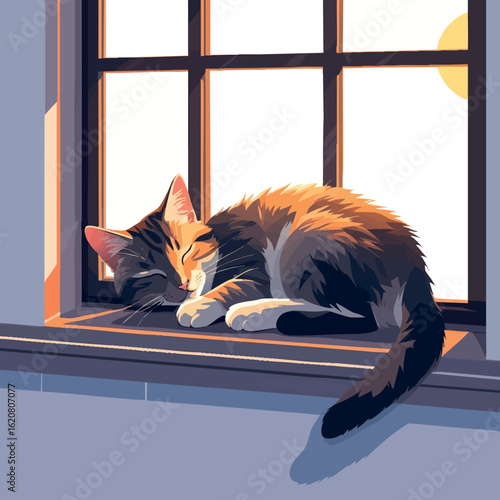 Isometric vector cat sleeping on windowsill with sunlight, vector-friendly, isolated on white
