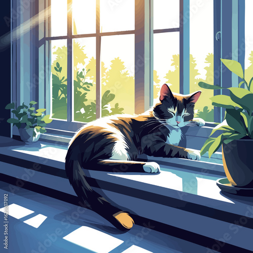 Isometric vector cat sleeping on windowsill with sunlight, vector-friendly, isolated on white