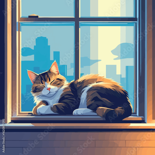Isometric vector cat sleeping on windowsill with sunlight, vector-friendly, isolated on white