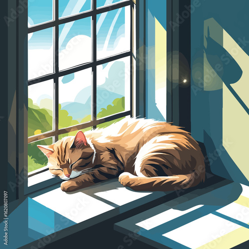 Isometric vector cat sleeping on windowsill with sunlight, vector-friendly, isolated on white