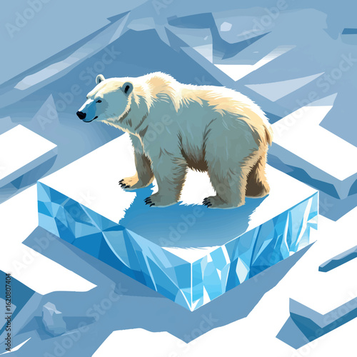 Isometric vector polar bear standing on ice block, soft shadows, vector-friendly, isolated on white