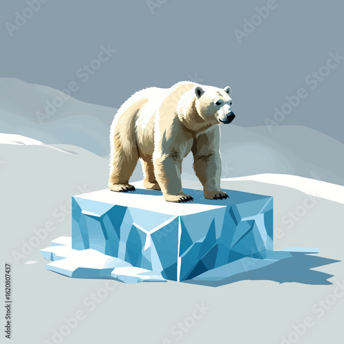 Isometric vector polar bear standing on ice block, soft shadows, vector-friendly, isolated on white