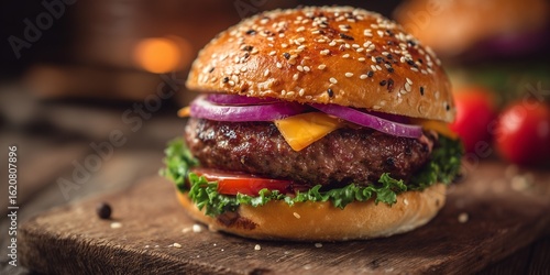 Close-Up Homemade Beef Burger on Wooden Table – Rustic Food Photography