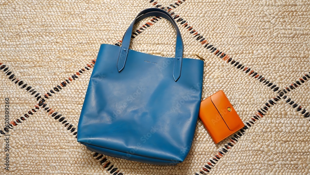 Naklejka premium Stylish blue leather tote bag with orange wallet on textured rug