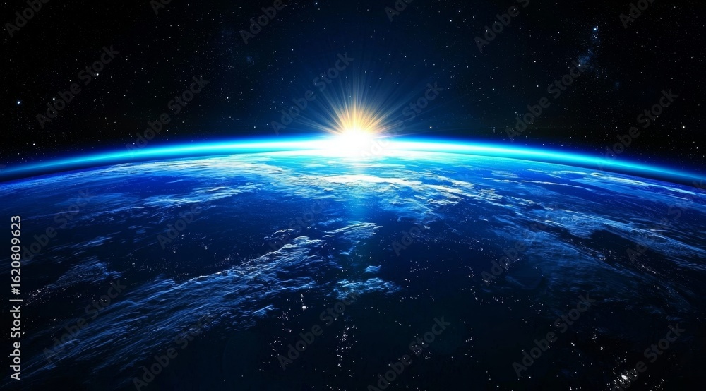 Obraz premium Earth From Space Sunrise Over Blue Planet, Outer Space ,Astronomy