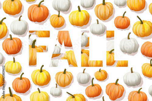 Illustrated fall lettering with pumpkins. Autumn background with the inscription “fall”. Change of season, beginning of fall, fall sales.