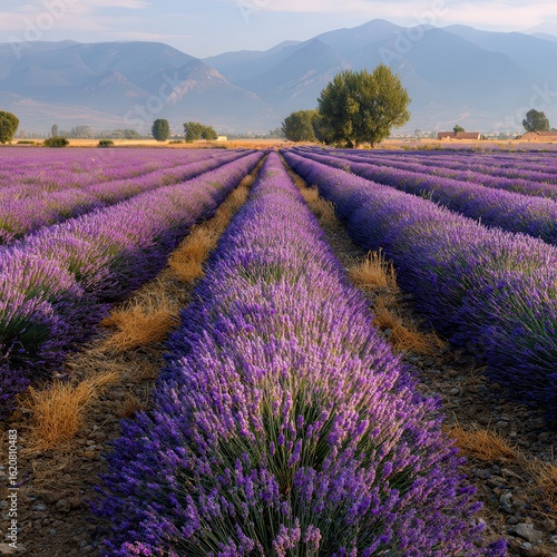 Wallpaper Mural A large field of lavender in full bloom, rows upon rows stretching as far as the eye can see, creating an enchanting and serene landscape. The purple hues of the flowers contrast. Torontodigital.ca