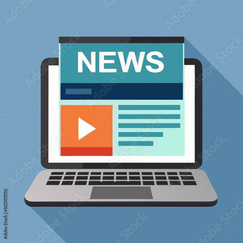 Digital news update on laptop screen with play button and textual content