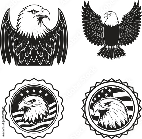 Four Majestic Eagle Designs Black and White Vector Graphics Representing American Pride and Strength Through Patriotic Symbols and Bold Imagery