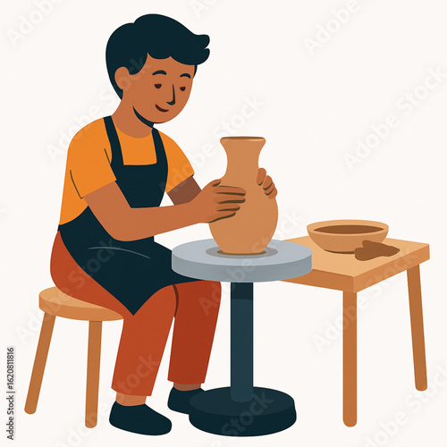 Potter making a clay pot on a pottery wheel.