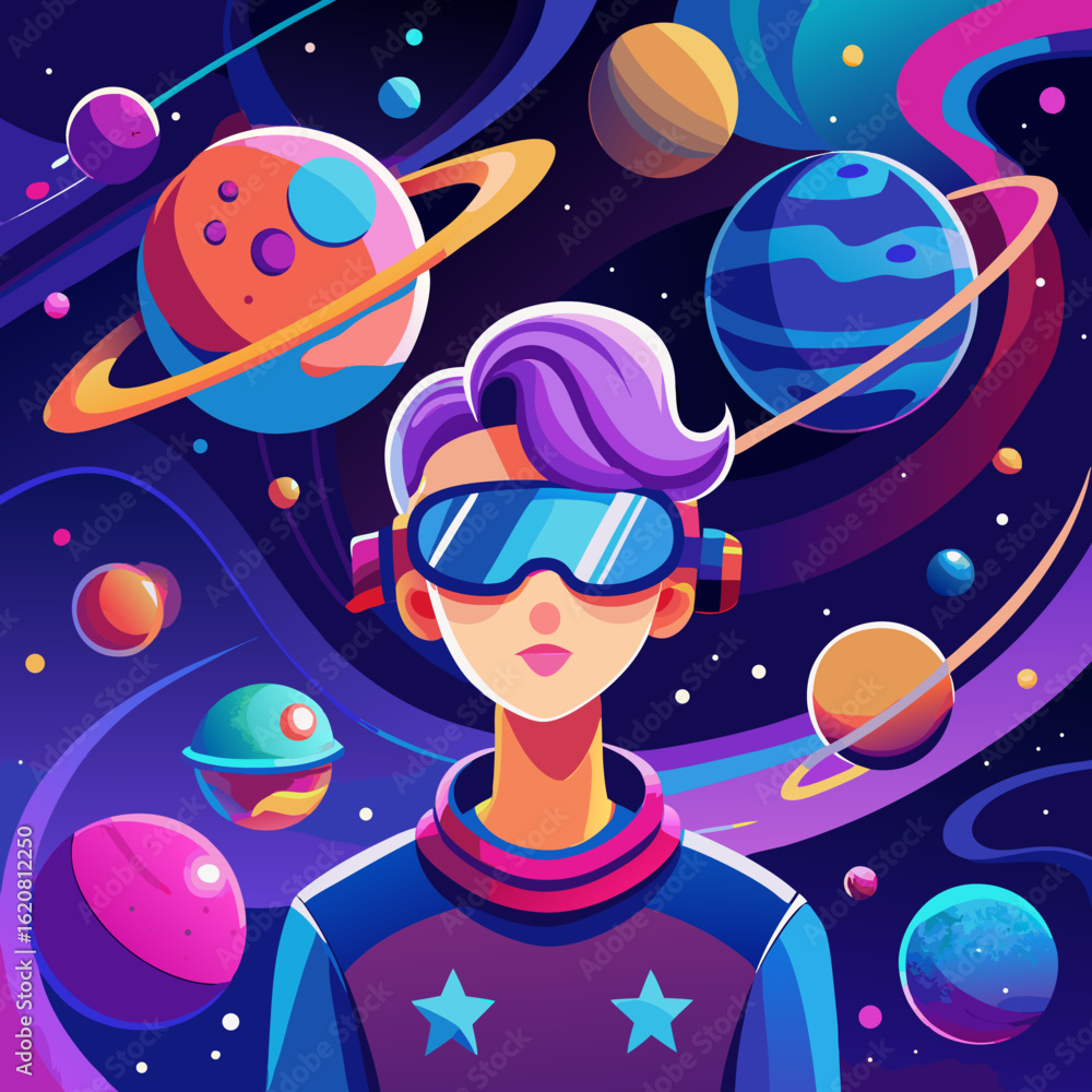 Young person with purple hair wearing vr goggles explores a vibrant colorful galaxy filled with planets and nebulae Young person with purple hair wearing vr goggles explores a vibrant colorful galaxy filled with planets and nebulae