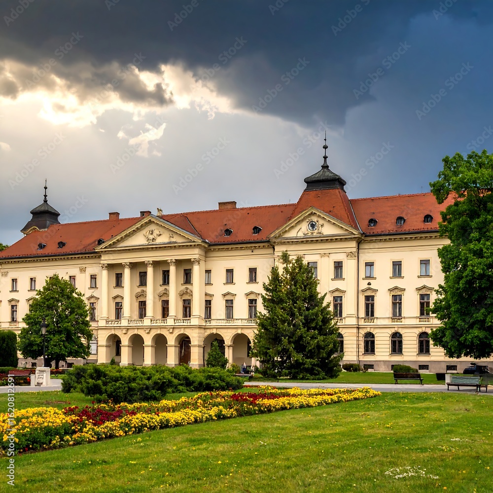 Grand European building, park, and clouds Grand European building, park, and clouds