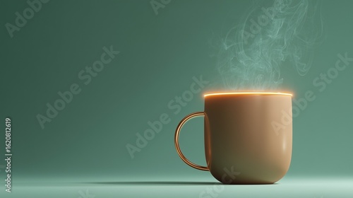Minimalist Ceramic Coffee Mug with Rising Steam and Glowing Edge Light – Flat Lay on Soft Background