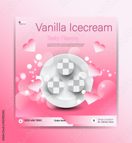 Sweetness dairy strawberry flavor vanilla ice cream, scoops presant, advertising post, Sweet cool dessert