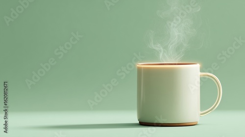 Minimalist Ceramic Coffee Mug with Rising Steam and Glowing Edge Light – Flat Lay on Soft Background