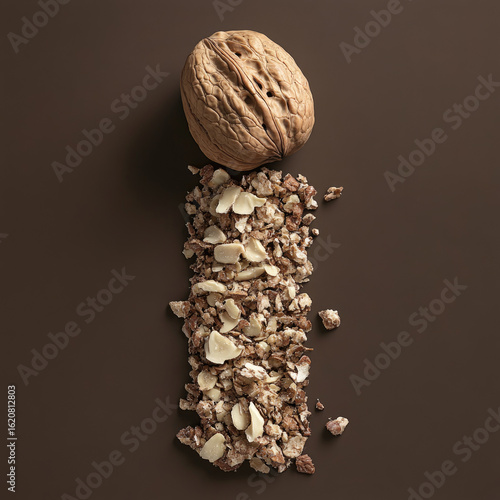 A pile of walnut shell granules in a straight line