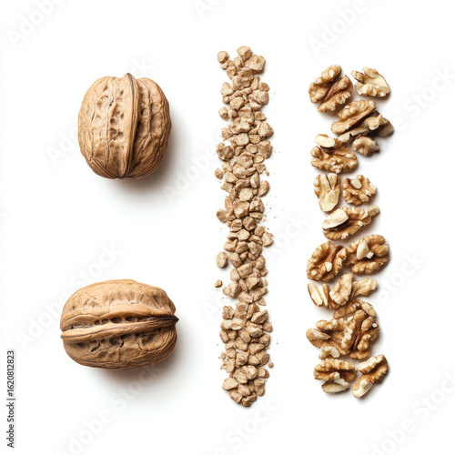 A pile of walnut shell granules in a straight line