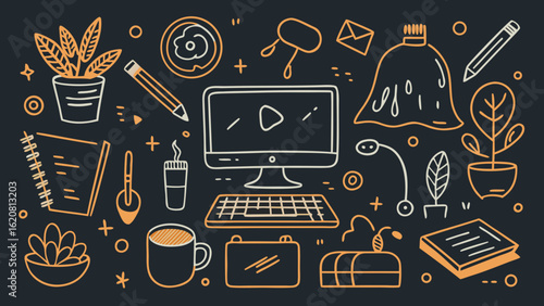 Hand drawn doodle illustration of workspace with computer, plants, coffee and office supplies