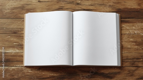 Open White Journal with Empty Pages on Wooden Desk and Realistic Paper Texture