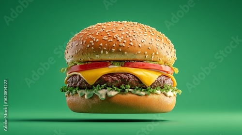 Perfect Juicy Cheeseburger with Sesame Bun Floating on Green Background – Photorealistic Studio Food Shot