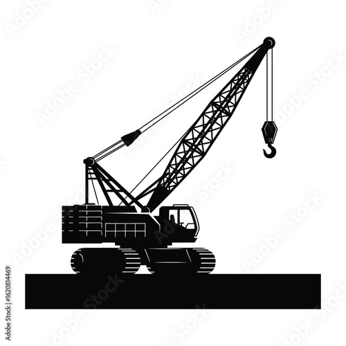 Black silhouette of a crawler crane with a hook against a white background construction heavy machinery