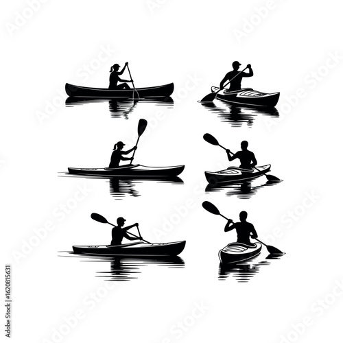 Black silhouettes of people kayaking on water with reflections paddle canoe