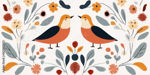 Symmetrical birds with colorful floral botanical leaves and flowers in folk art style. Decorative seamless pattern for home decor, wallpaper and stationery