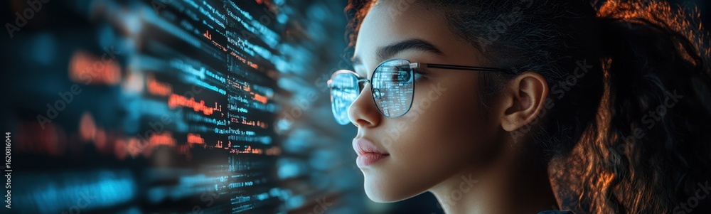 Woman wearing glasses looking at a wall with numbers banner Woman wearing glasses looking at a wall with numbers banner