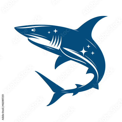 Modern shark illustration with flowing lines and starry details. Vector illustration.
