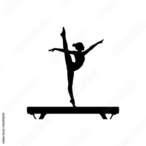 Silhouette of female gymnast performing split leap on balance beam gymnastics athlete