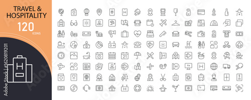 Travel and hospitality related icon collections. Containing plane, hotel, luggage, passport, booking, trip, map, bed, service, and tourism icons. Outline icons.

