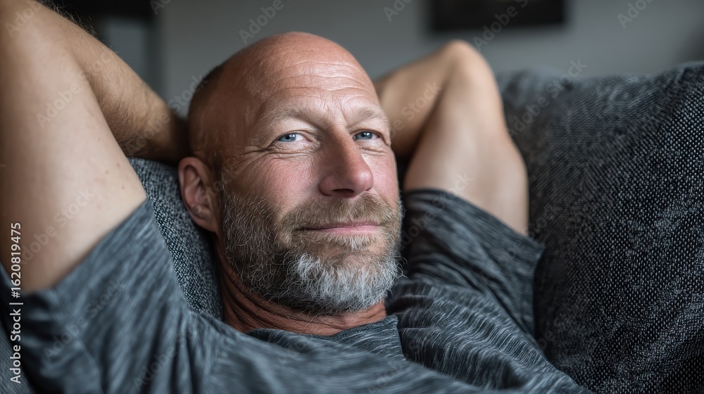 Obraz premium Middle-aged man having a restful moment relaxing in sofa, no logos, no brands