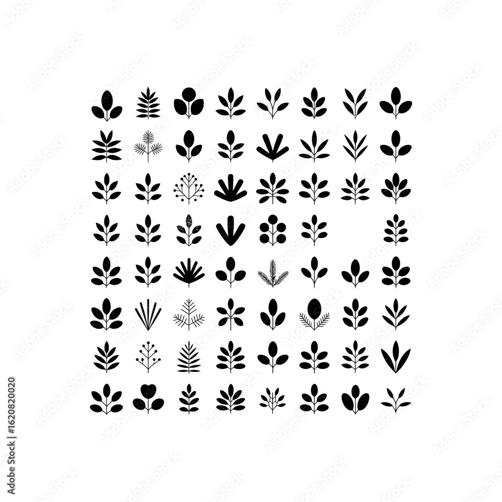 Naklejka premium Collection of black botanical leaf and branch icons on white background leaves nature