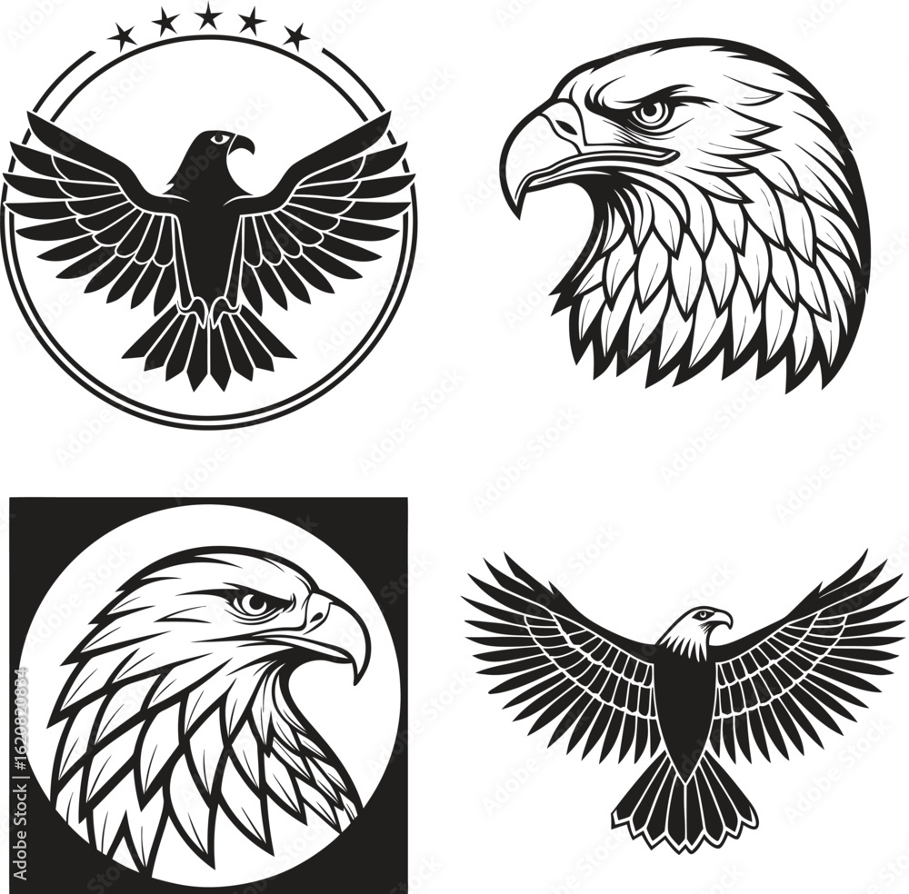Naklejka premium Eagle Vector Art Collection Patriotic and Symbolic Imagery Featuring Eagles in Various Poses and Circular Designs for Graphic Design