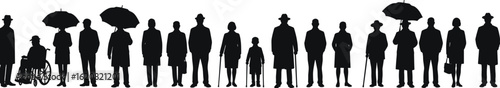 Diverse group of people silhouettes standing together, including a person in a wheelchair and others with umbrellas, showing an inclusive crowd in a single line, flat vector illustration.