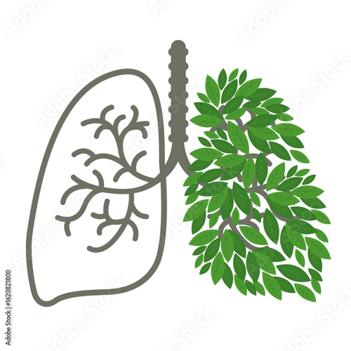 Conceptual illustration of lungs with green leafy texture, symbolizing healthy breathing, nature, and detox from smoking. Eco-friendly design for health and medical themes