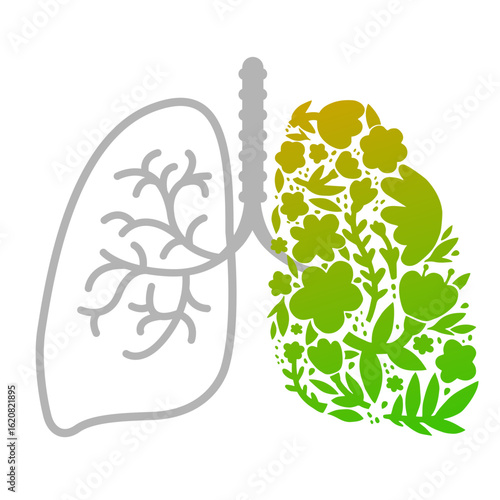 Stylized illustration of lungs with green floral shapes, symbolizing clean air, health, nature, and respiratory wellness. Concept art blending anatomy and ecology