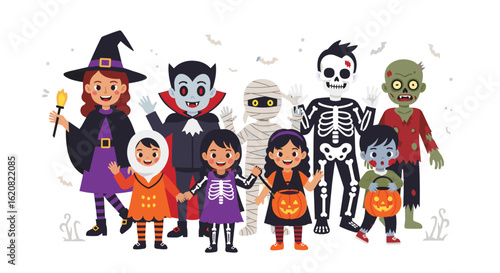 A Festive Group of Children Dressed for Halloween Celebrations
