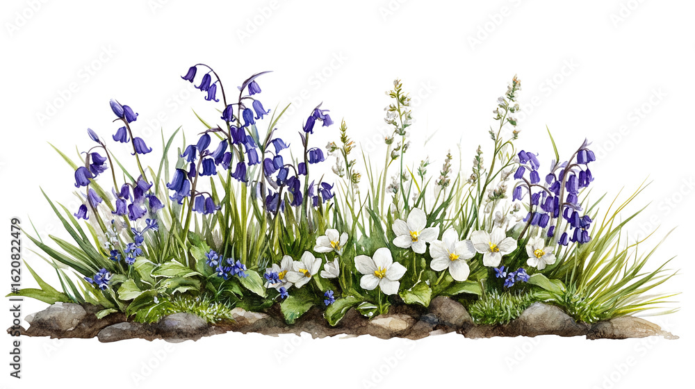 Naklejka premium Hand-painted cluster of bluebells, wild grass, and white anemones, isolated on transparent background