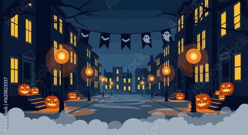 Spooky Halloween Night Decorations on a Quiet Street