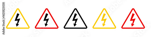 Triangle warning sign with lightning bolt arrow. Danger high voltage sign set