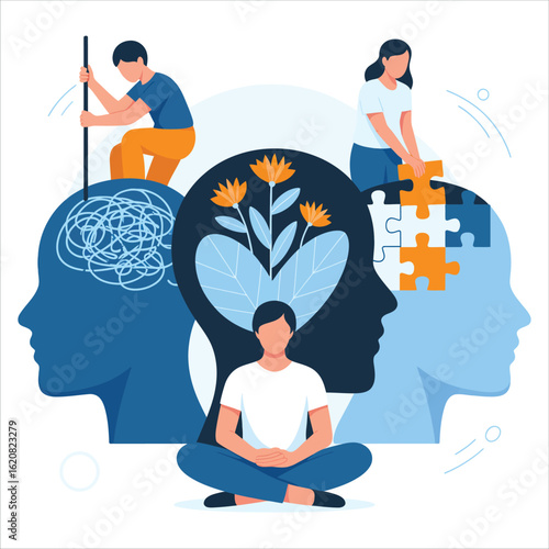 Mindfulness and mental health therapy concept. People practice self-care, solving psychological problems for personal development and inner peace.